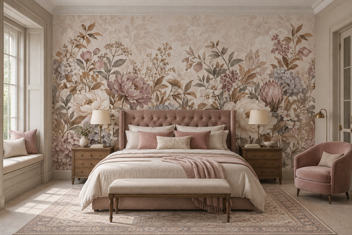 Vintage Peony Bouquets Wallpaper Beige Botanical Wall Mural