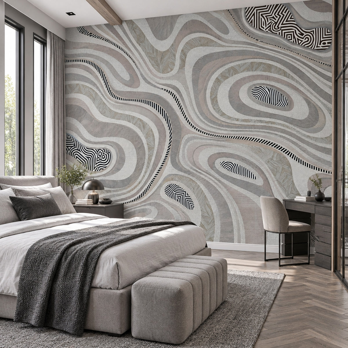 Layered Contour Lines Wallpaper Gray Textured Wall Mural