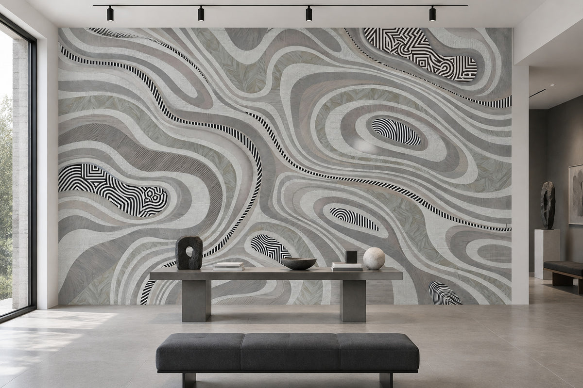 Layered Contour Lines Wallpaper Gray Textured Wall Mural