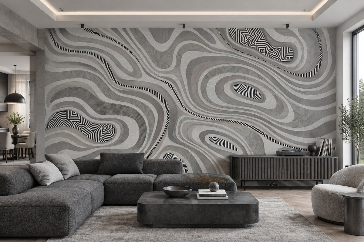Layered Contour Lines Wallpaper Gray Textured Wall Mural