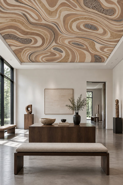 Topographic Contour Lines Wallpaper Neutral Wood Grain Wall Mural