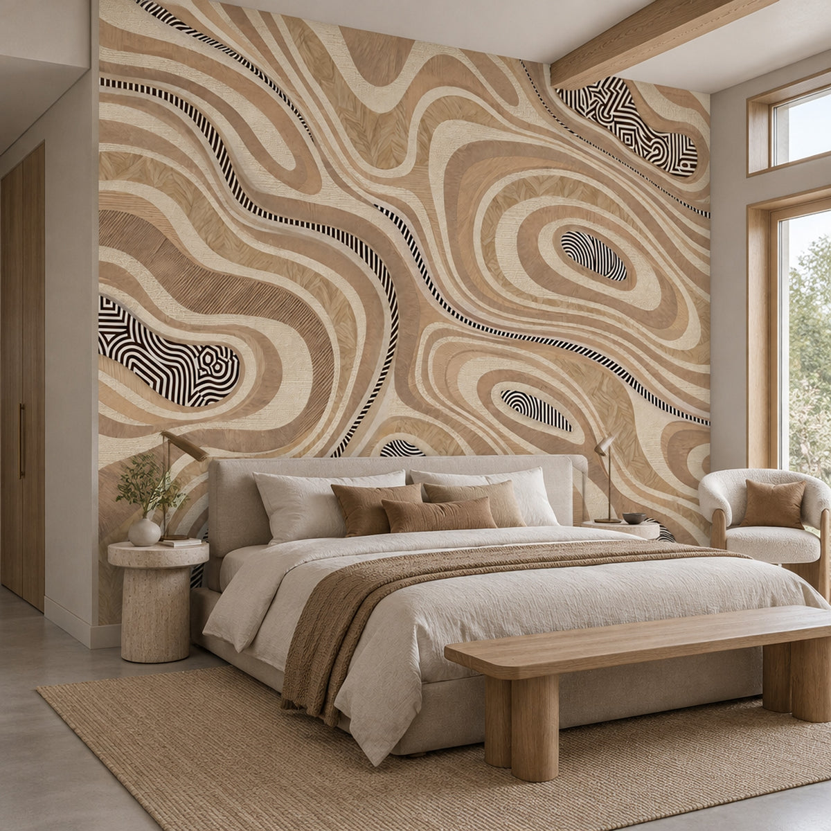 Topographic Contour Lines Wallpaper Neutral Wood Grain Wall Mural