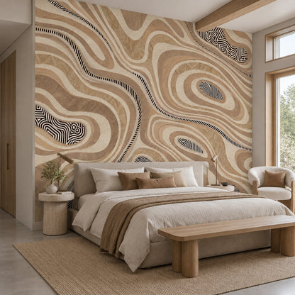 Topographic Contour Lines Wallpaper Neutral Wood Grain Wall Mural