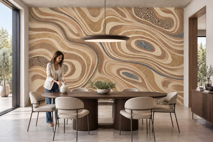 Topographic Contour Lines Wallpaper Neutral Wood Grain Wall Mural