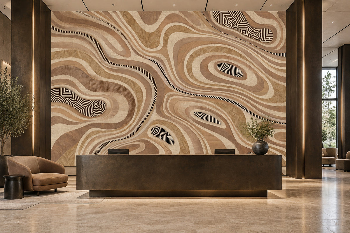 Topographic Contour Lines Wallpaper Neutral Wood Grain Wall Mural