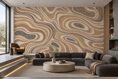 Topographic Contour Lines Wallpaper Neutral Wood Grain Wall Mural