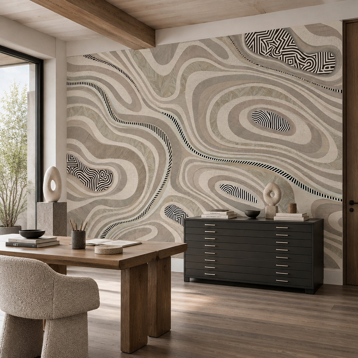 Organic Contour Lines Wallpaper Neutral Tones Wall Mural