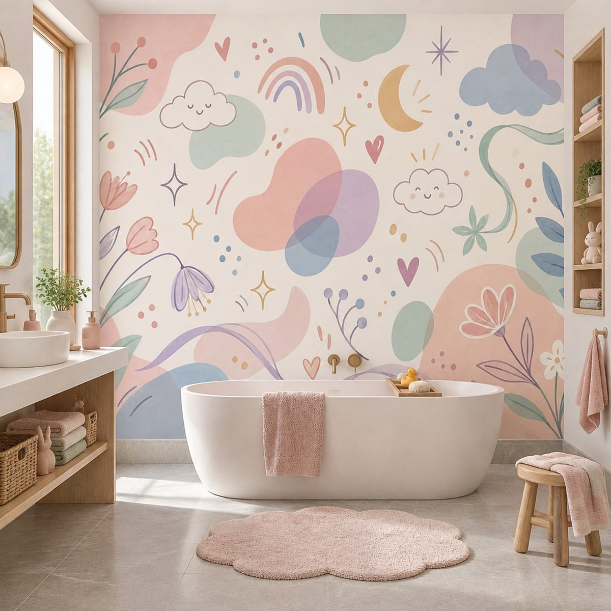 Smiling Clouds And Pastel Rainbow Wallpaper Whimsical Nursery Wall Mural