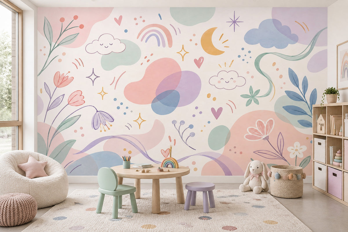 Smiling Clouds And Pastel Rainbow Wallpaper Whimsical Nursery Wall Mural