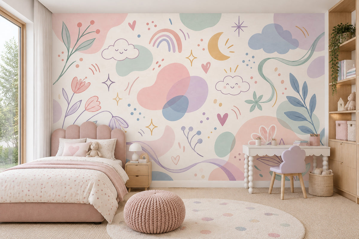 Smiling Clouds And Pastel Rainbow Wallpaper Whimsical Nursery Wall Mural