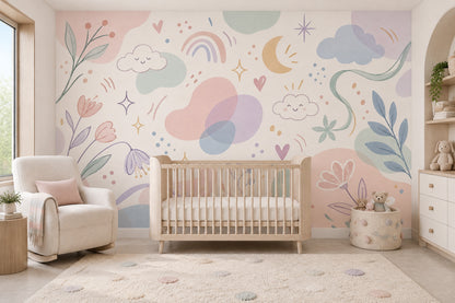 Smiling Clouds And Pastel Rainbow Wallpaper Whimsical Nursery Wall Mural