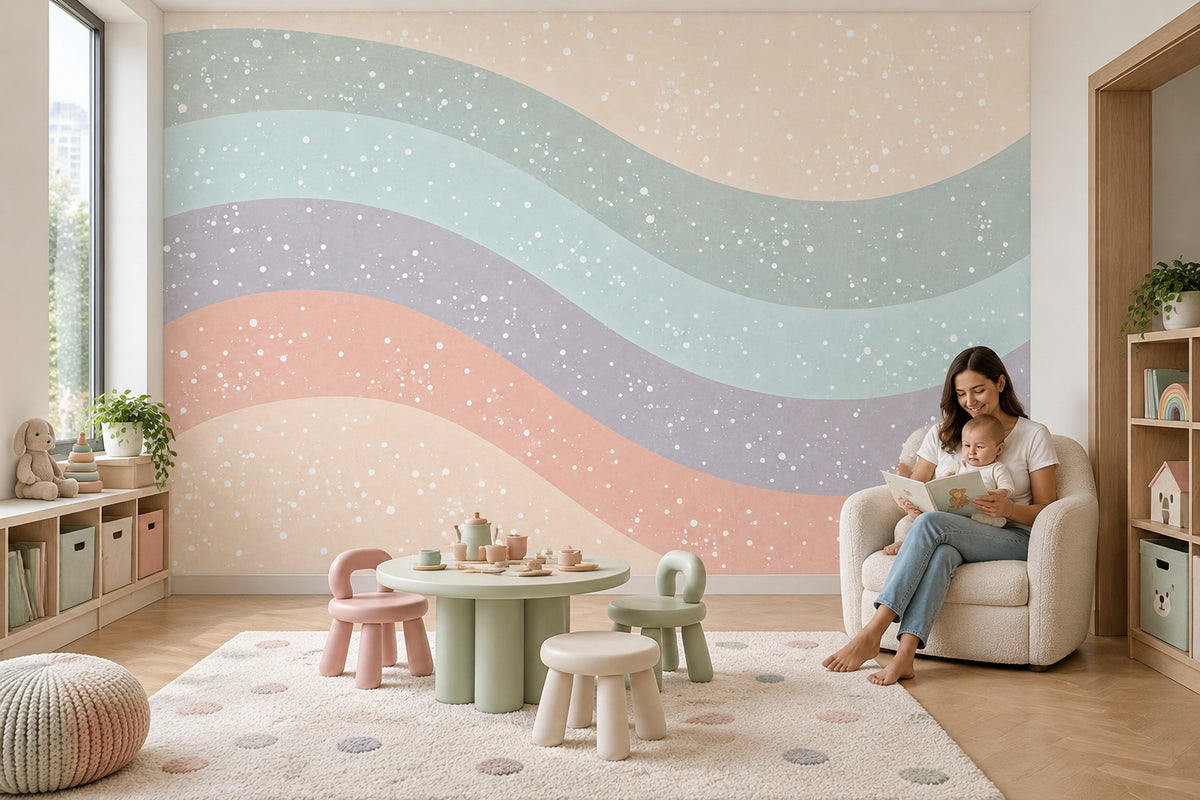 Pastel Wavy Stripes Wallpaper Speckled Abstract Wall Mural