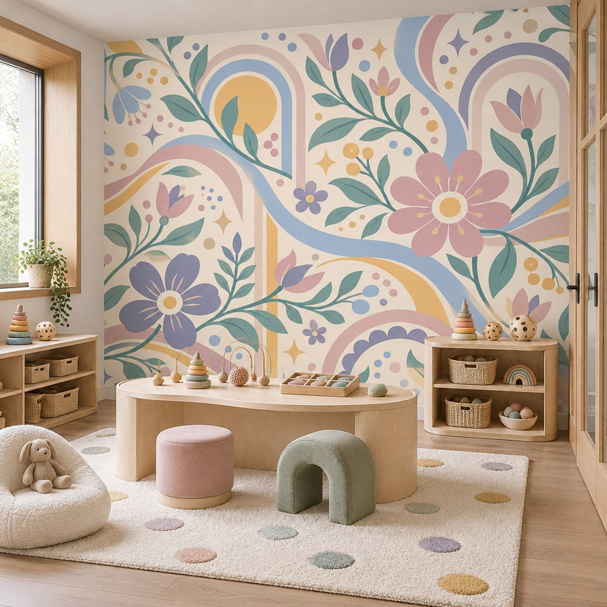 Pastel Flowers And Rainbow Arches Wallpaper Whimsical Cream Wall Mural