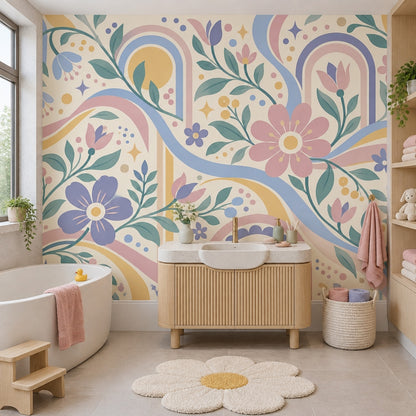 Pastel Flowers And Rainbow Arches Wallpaper Whimsical Cream Wall Mural
