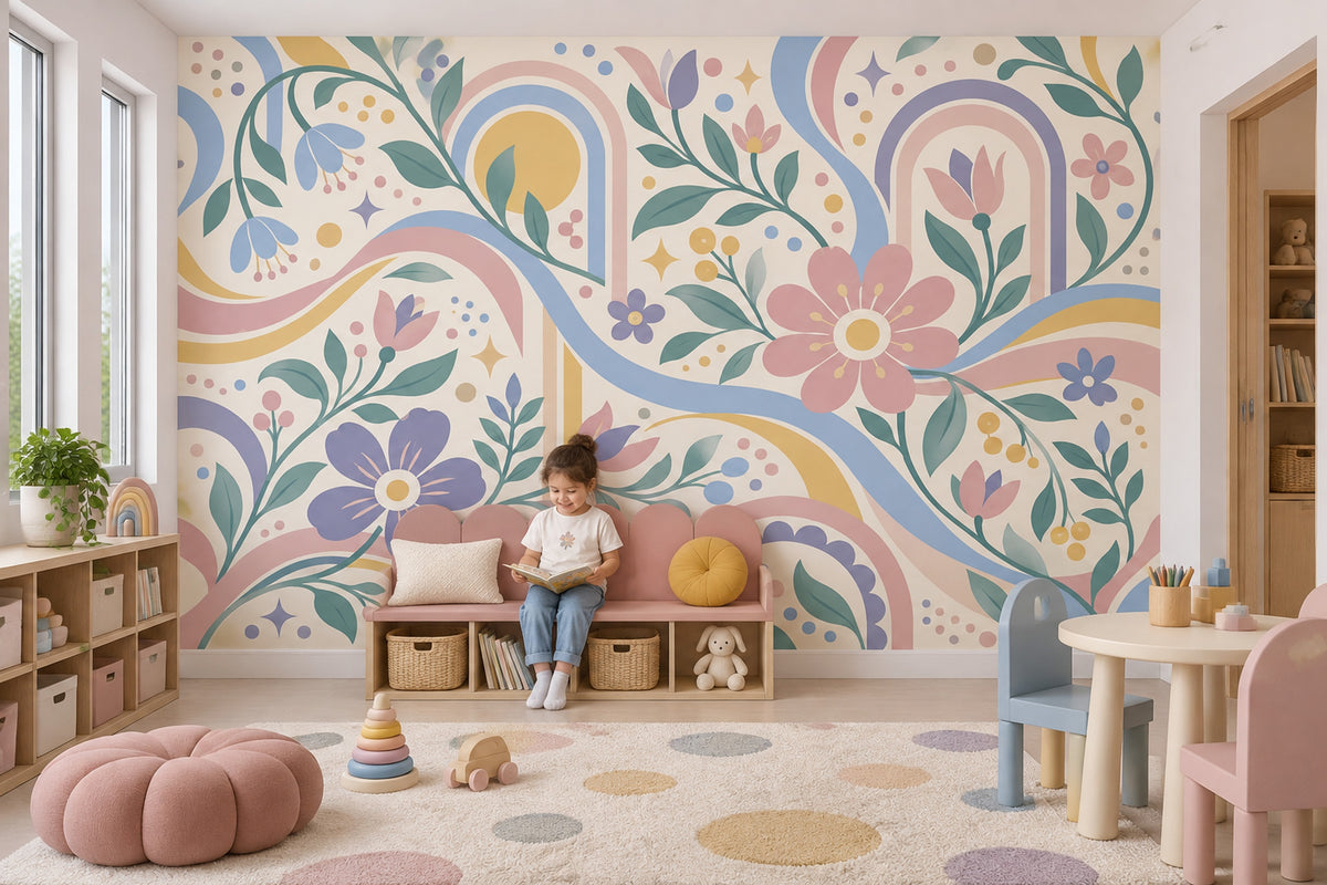 Pastel Flowers And Rainbow Arches Wallpaper Whimsical Cream Wall Mural