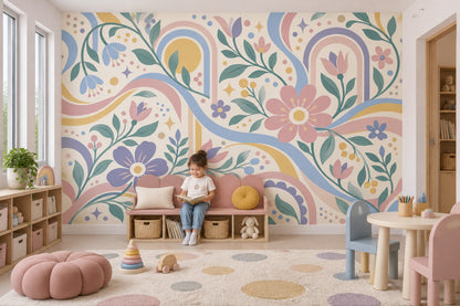 Pastel Flowers And Rainbow Arches Wallpaper Whimsical Cream Wall Mural