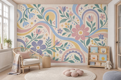Pastel Flowers And Rainbow Arches Wallpaper Whimsical Cream Wall Mural