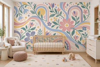 Pastel Flowers And Rainbow Arches Wallpaper Whimsical Cream Wall Mural