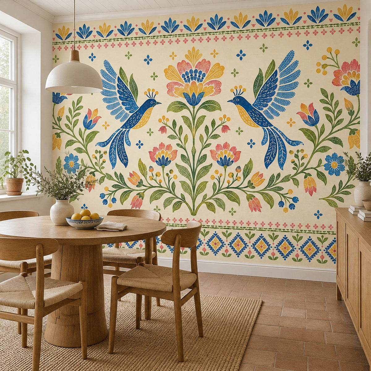 Symmetrical Blue Birds And Floral Wallpaper Folk Art Wall Mural