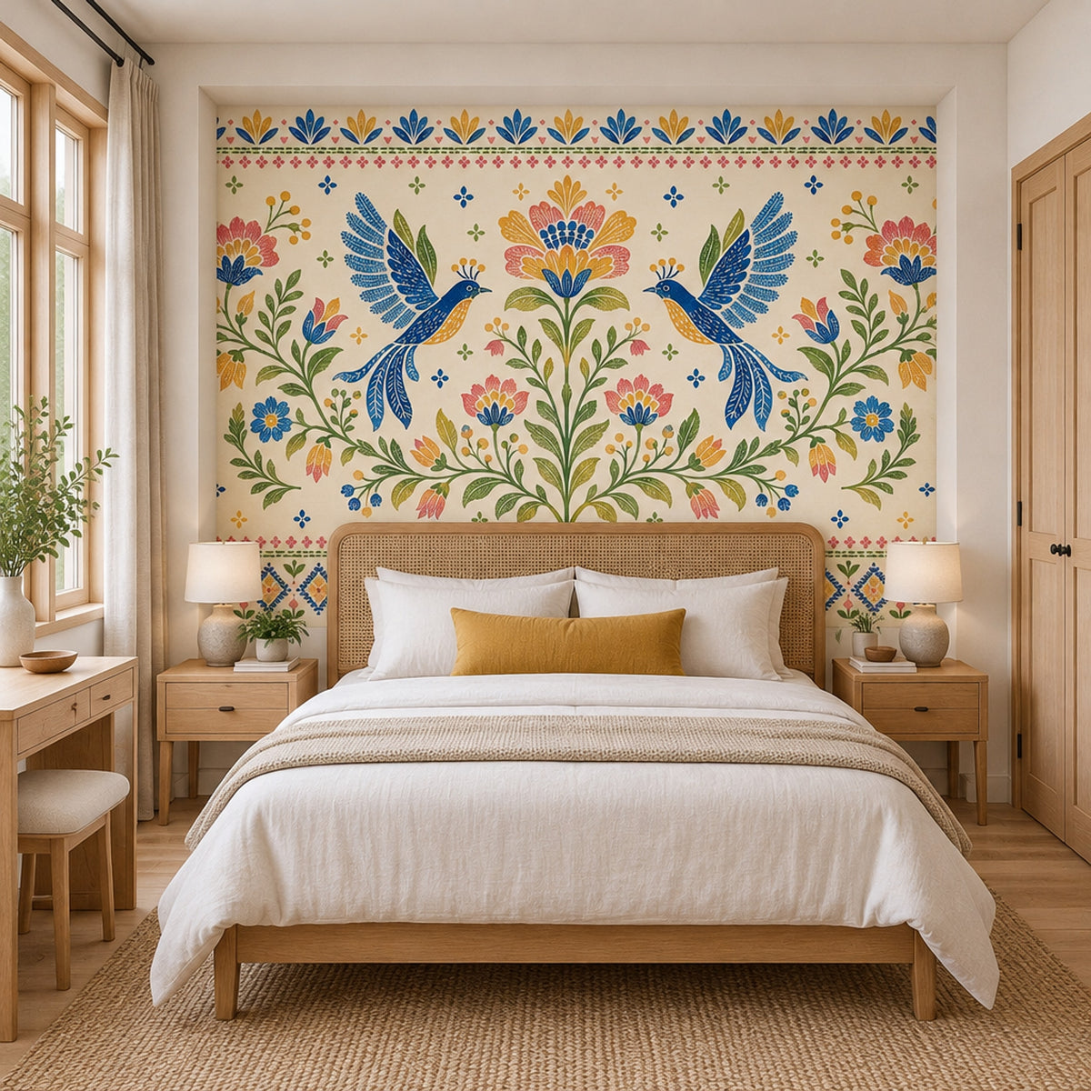 Symmetrical Blue Birds And Floral Wallpaper Folk Art Wall Mural