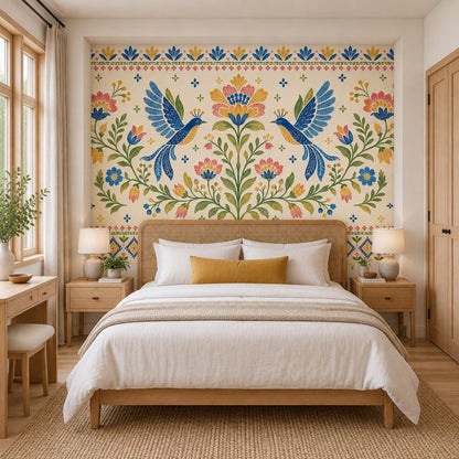 Symmetrical Blue Birds And Floral Wallpaper Folk Art Wall Mural