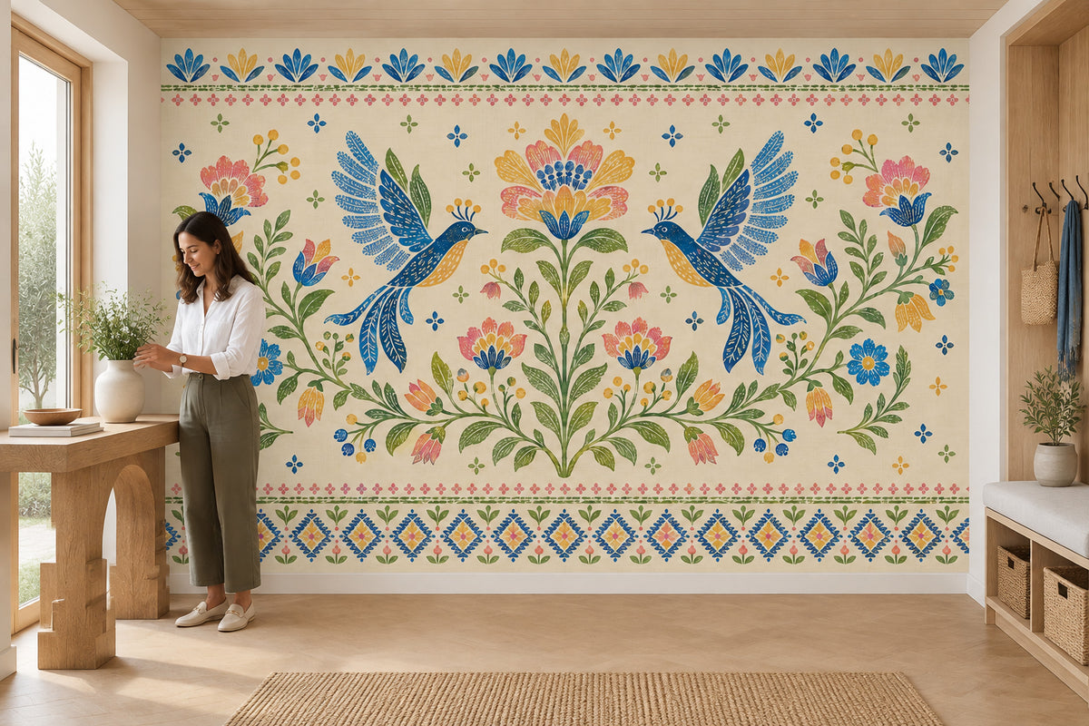 Symmetrical Blue Birds And Floral Wallpaper Folk Art Wall Mural