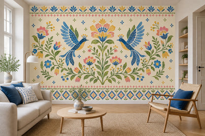 Symmetrical Blue Birds And Floral Wallpaper Folk Art Wall Mural