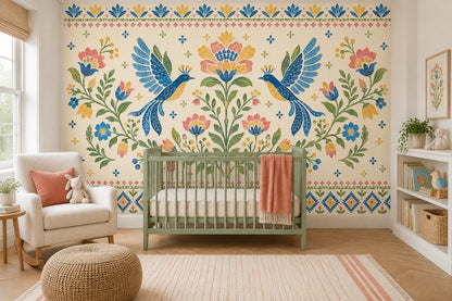 Symmetrical Blue Birds And Floral Wallpaper Folk Art Wall Mural