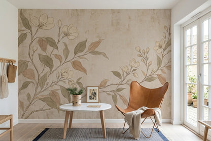 Vintage Botanical Branches Wallpaper Beige Textured Wall Mural