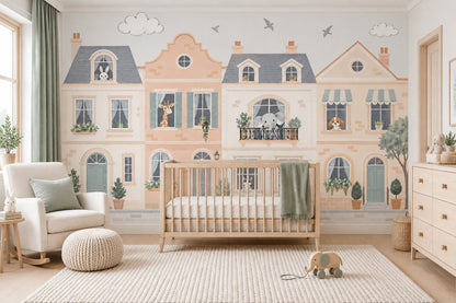 Pastel Townhouse Animals Wallpaper Storybook Street Wall Mural