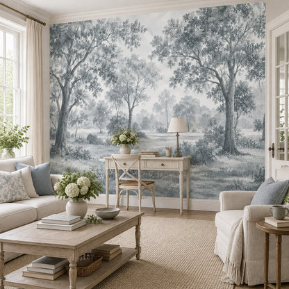 Misty Woodland Trees Wallpaper Monochrome Toile Wall Mural