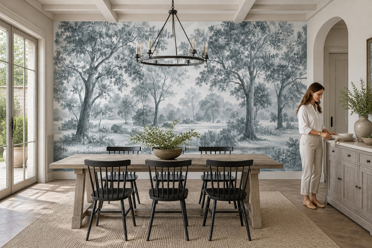 Misty Woodland Trees Wallpaper Monochrome Toile Wall Mural