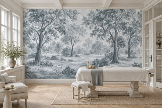 Misty Woodland Trees Wallpaper Monochrome Toile Wall Mural