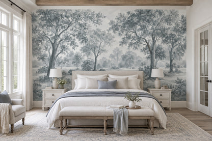 Misty Woodland Trees Wallpaper Monochrome Toile Wall Mural