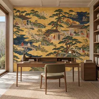 Japanese Palace Garden Wallpaper Gold Leaf Landscape Wall Mural