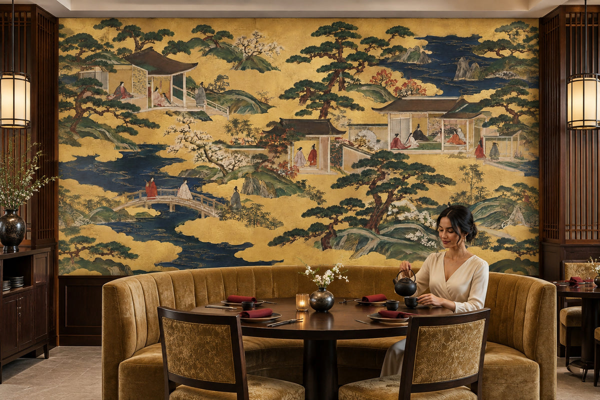 Japanese Palace Garden Wallpaper Gold Leaf Landscape Wall Mural