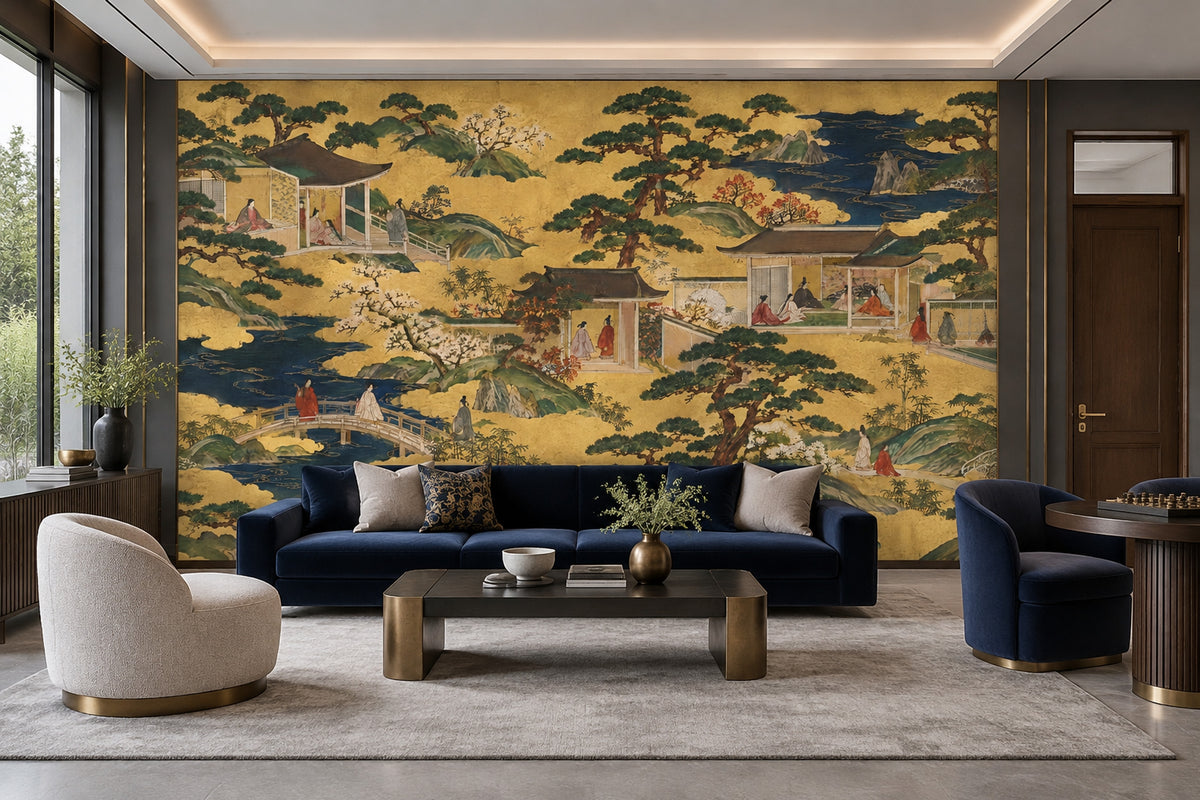 Japanese Palace Garden Wallpaper Gold Leaf Landscape Wall Mural