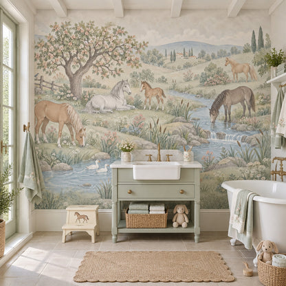 Horses By A Country Stream Wallpaper Pastoral Landscape Wall Mural