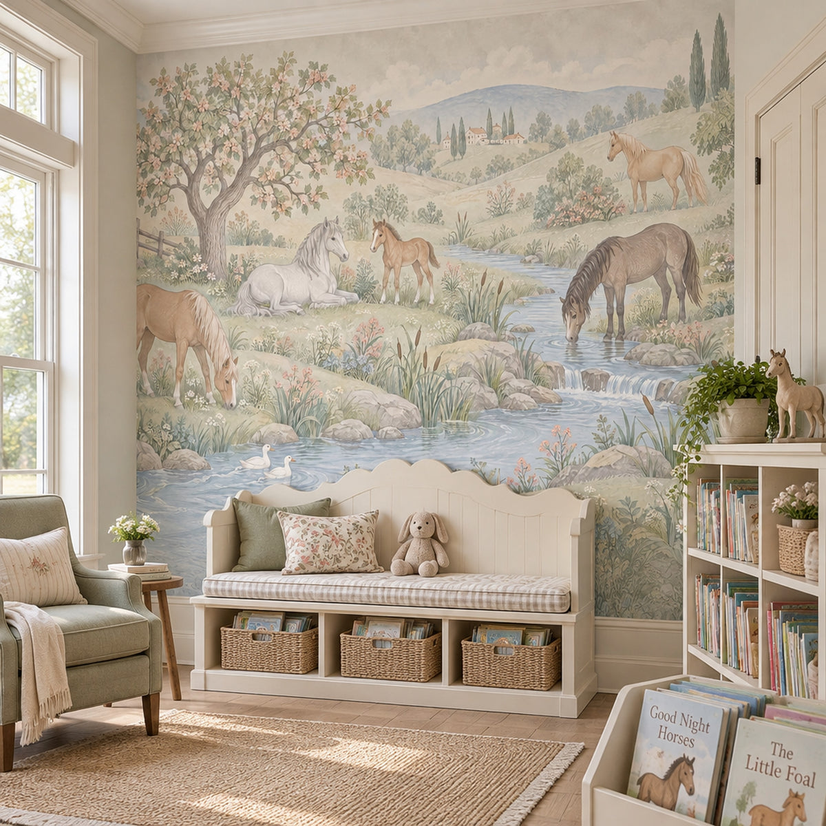 Horses By A Country Stream Wallpaper Pastoral Landscape Wall Mural