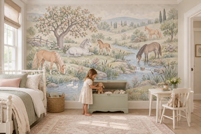 Horses By A Country Stream Wallpaper Pastoral Landscape Wall Mural