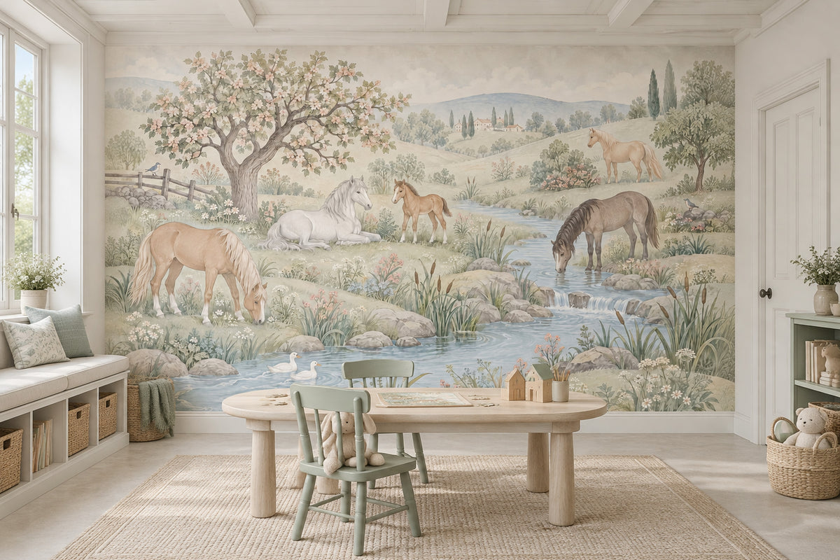 Horses By A Country Stream Wallpaper Pastoral Landscape Wall Mural
