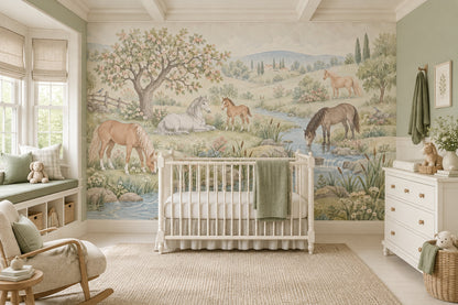 Horses By A Country Stream Wallpaper Pastoral Landscape Wall Mural