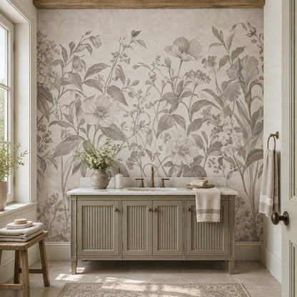 Vintage Iris Flowers Wallpaper Gray Botanical Wall Mural