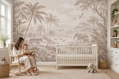 Safari Animals Wallpaper Beige Tropical Jungle Wall Mural