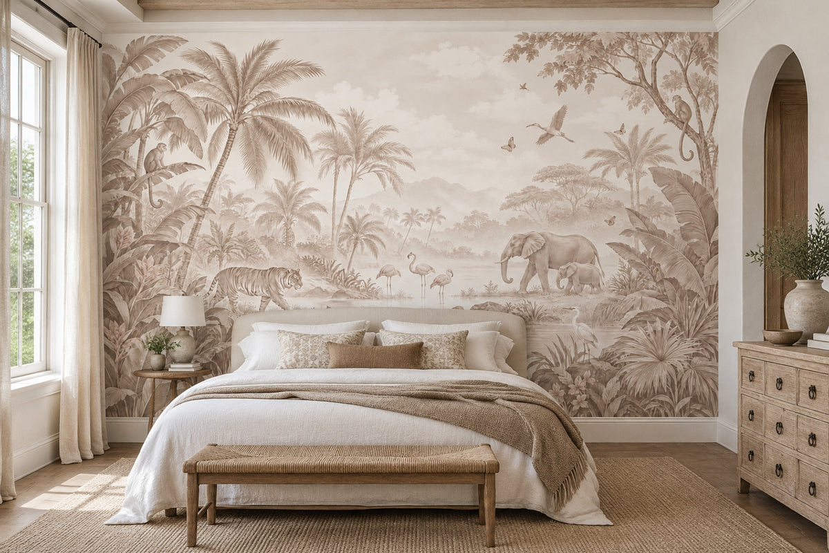 Safari Animals Wallpaper Beige Tropical Jungle Wall Mural