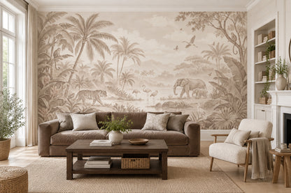 Safari Animals Wallpaper Beige Tropical Jungle Wall Mural