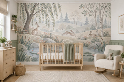 Watercolor Rabbits Pond Wallpaper Woodland Landscape Wall Mural
