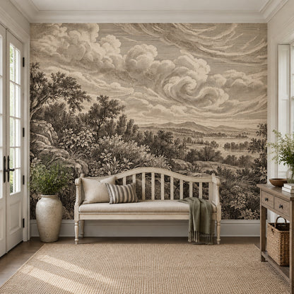 Sepia Pastoral Landscape Wallpaper Vintage Engraving Wall Mural