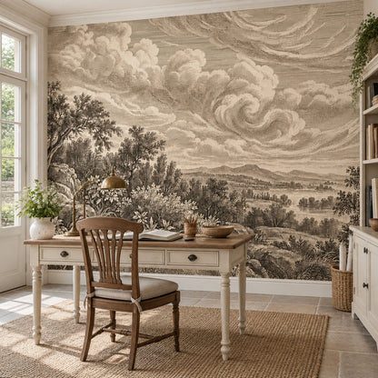 Sepia Pastoral Landscape Wallpaper Vintage Engraving Wall Mural