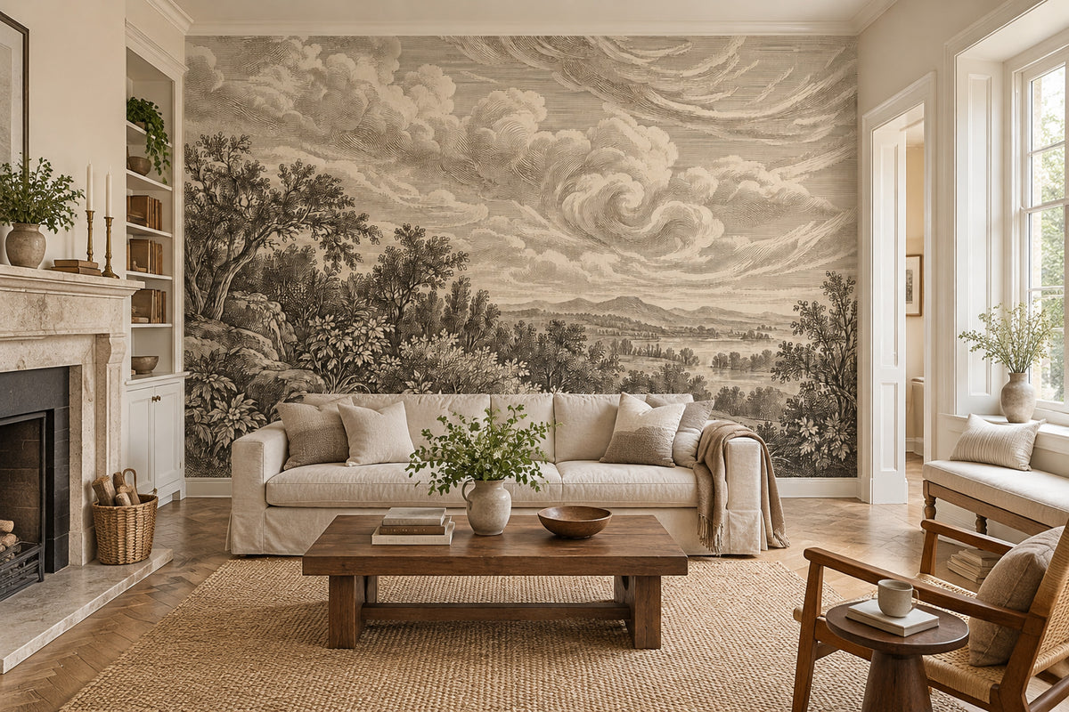 Sepia Pastoral Landscape Wallpaper Vintage Engraving Wall Mural